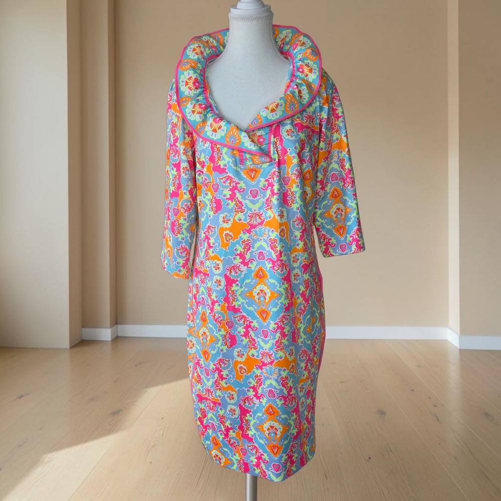 NWT Gretchen Scott Harrison Merc Ruffneck Dress Turquoise Pink Damask Floral M